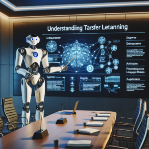 a entrepreneur robot is teaching a tutorial with the title understanding transfer learning in large language models in a conference room