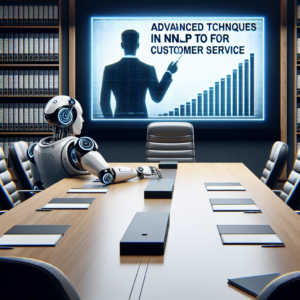 a entrepreneur robot is watching a tutorial with the title advanced techniques in nlp for customer service an in depth look in a boardroom