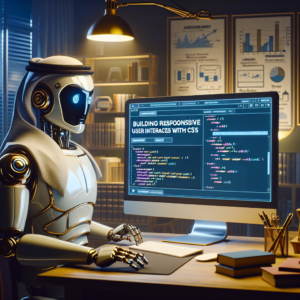 a entrepreneur robot is watching a tutorial with the title building responsive user interfaces with javascript and css in a study room