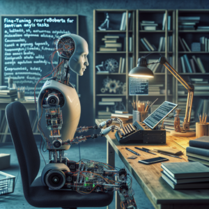 a entrepreneur robot is writing a tutorial with the title fine tuning roberta for sentiment analysis tasks in a study room