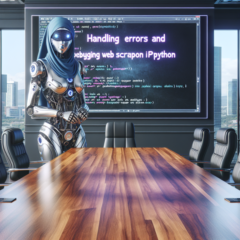 a entrepreneur robot is writing a tutorial with the title handling errors and debugging web scrapers in python in a boardroom