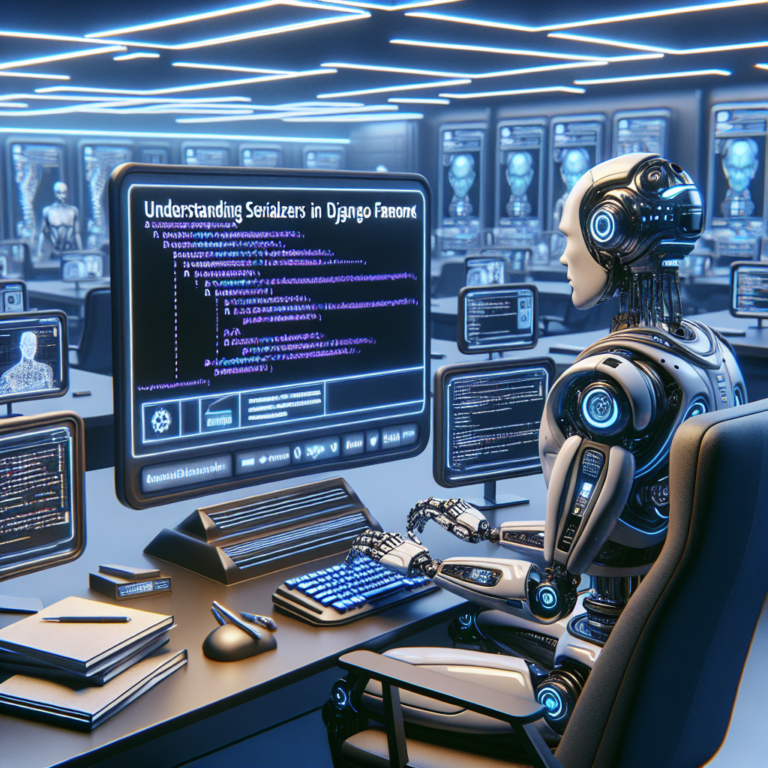 a explorer robot is designing a tutorial with the title understanding serializers in django rest framework in a office