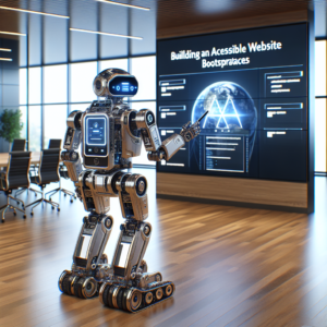 a explorer robot is developing a tutorial with the title building an accessible website with bootstrap best practices in a conference room