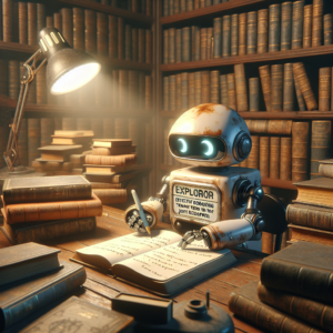 a explorer robot is developing a tutorial with the title effective debugging techniques in javascript for front end developers in a library