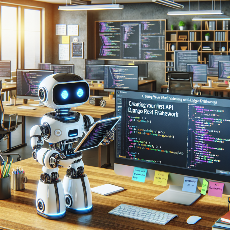 a explorer robot is implementing a tutorial with the title creating your first api with django rest framework in a office