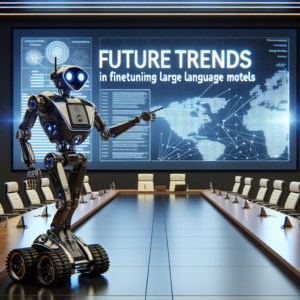 a explorer robot is implementing a tutorial with the title future trends in finetuning large language models in a conference room