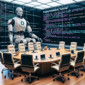 a explorer robot is implementing a tutorial with the title preprocessing data for finetuning large language models in a boardroom