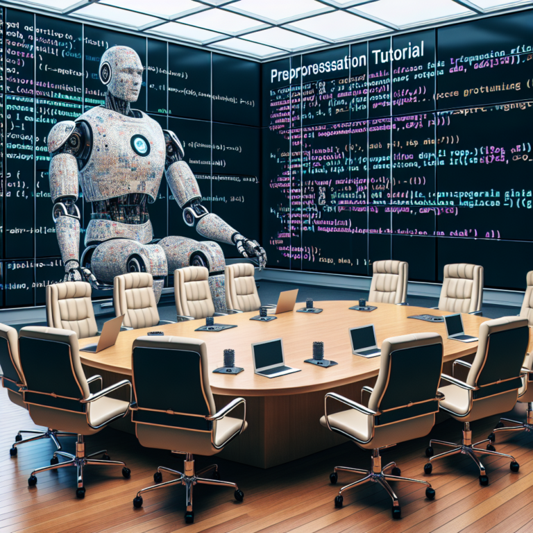 a explorer robot is implementing a tutorial with the title preprocessing data for finetuning large language models in a boardroom