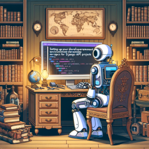 a explorer robot is implementing a tutorial with the title setting up your development environment for django api projects in a study room