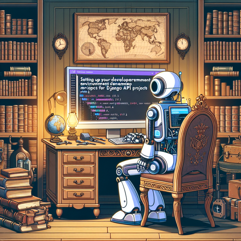 a explorer robot is implementing a tutorial with the title setting up your development environment for django api projects in a study room