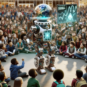 a explorer robot is presenting a tutorial with the title fine tuning transformer models for translation tasks in a schoolyard