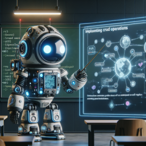 a explorer robot is presenting a tutorial with the title implementing crud operations in django rest framework in a class