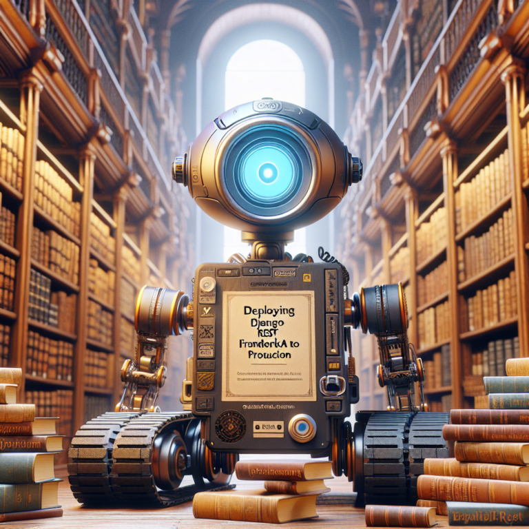 a explorer robot is publishing a tutorial with the title deploying django rest framework apis to production in a library