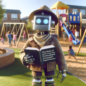 a explorer robot is publishing a tutorial with the title the role of machine learning in crafting personalized customer experiences in a schoolyard
