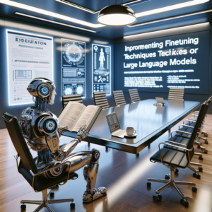 a explorer robot is reading a tutorial with the title implementing finetuning techniques for large language models in a conference room