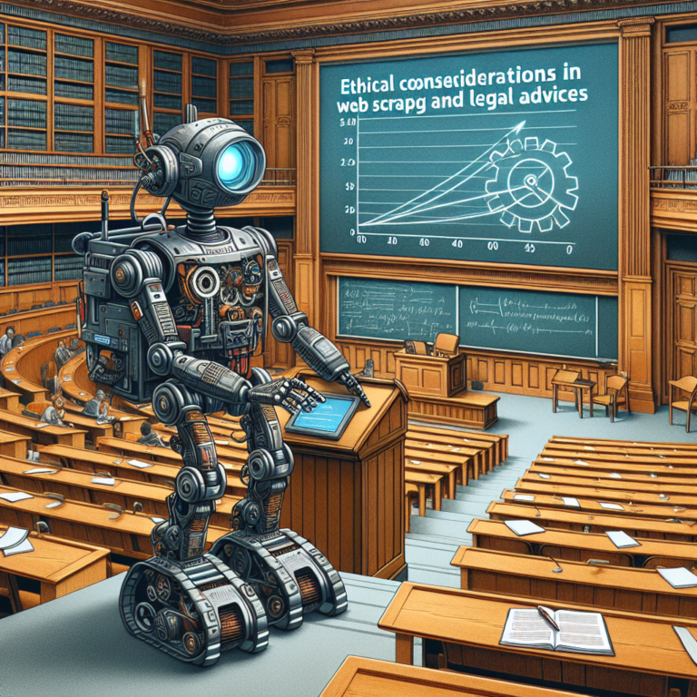 a explorer robot is writing a tutorial with the title ethical considerations in web scraping best practices and legal advice in a lecture hall