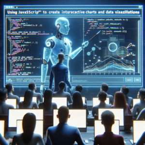 a professor robot is designing a tutorial with the title using javascript to create interactive charts and data visualizations in a class