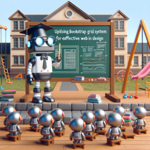 a professor robot is developing a tutorial with the title utilizing bootstrap grid system for effective layouts in web design in a schoolyard