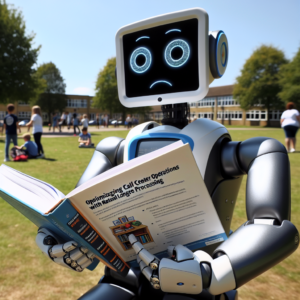 a professor robot is following a tutorial with the title optimizing call center operations with natural language processing in a schoolyard