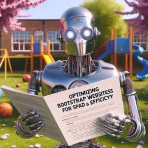 a professor robot is reading a tutorial with the title optimizing bootstrap websites for speed and efficiency in a schoolyard