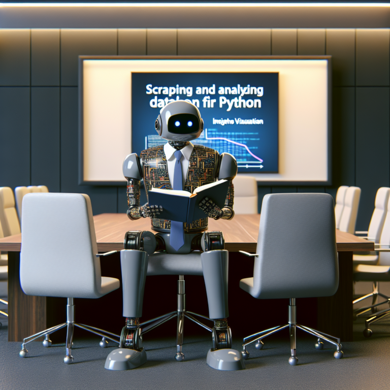 a professor robot is reading a tutorial with the title scraping and analyzing data with python insights and visualization in a boardroom