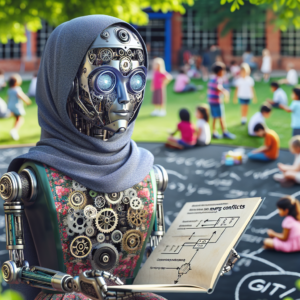 a professor robot is reading a tutorial with the title solving merge conflicts in git a step by step troubleshooting guide in a schoolyard 1