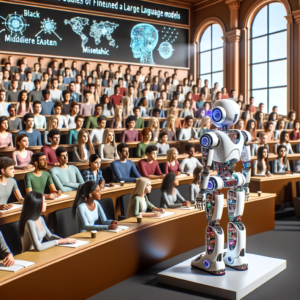 a professor robot is teaching a tutorial with the title exploring case studies of finetuned large language models in a lecture hall