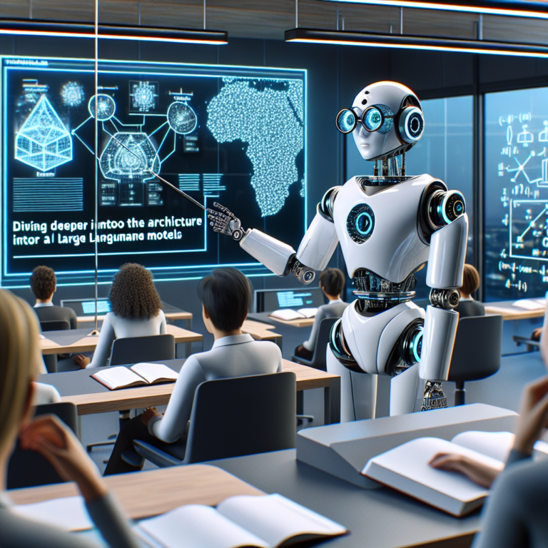 a professor robot is watching a tutorial with the title diving deeper into the architecture of large language models in a class