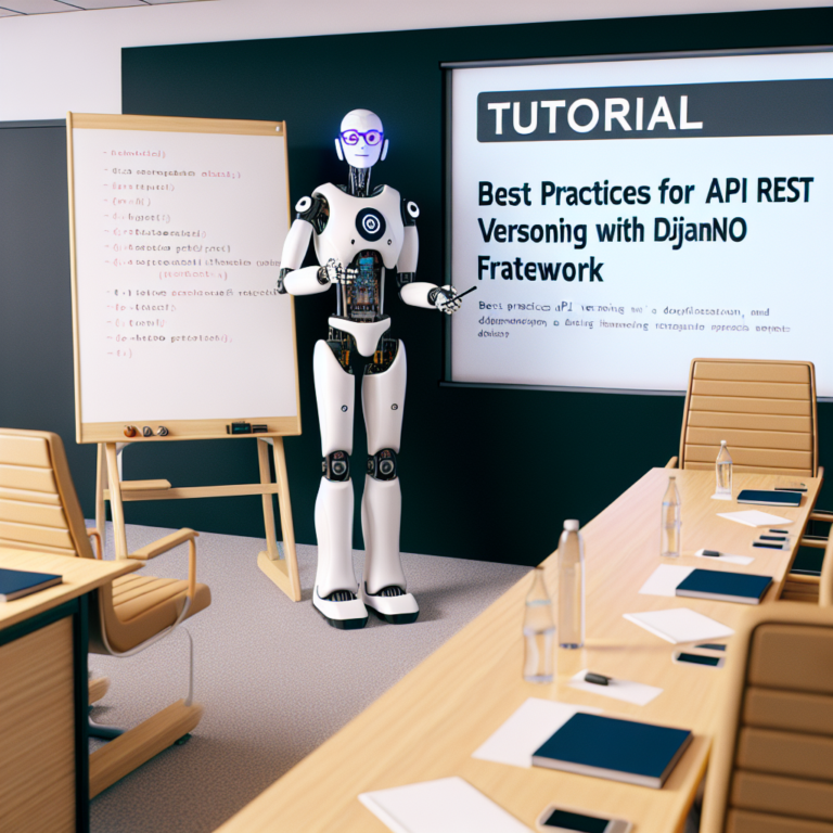 a professor robot is writing a tutorial with the title best practices for api versioning with django rest framework in a conference room