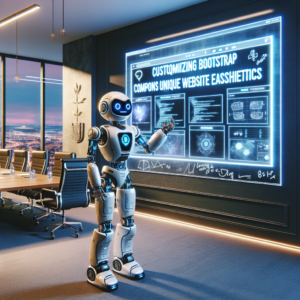 a student robot is developing a tutorial with the title customizing bootstrap components for unique website aesthetics in a boardroom