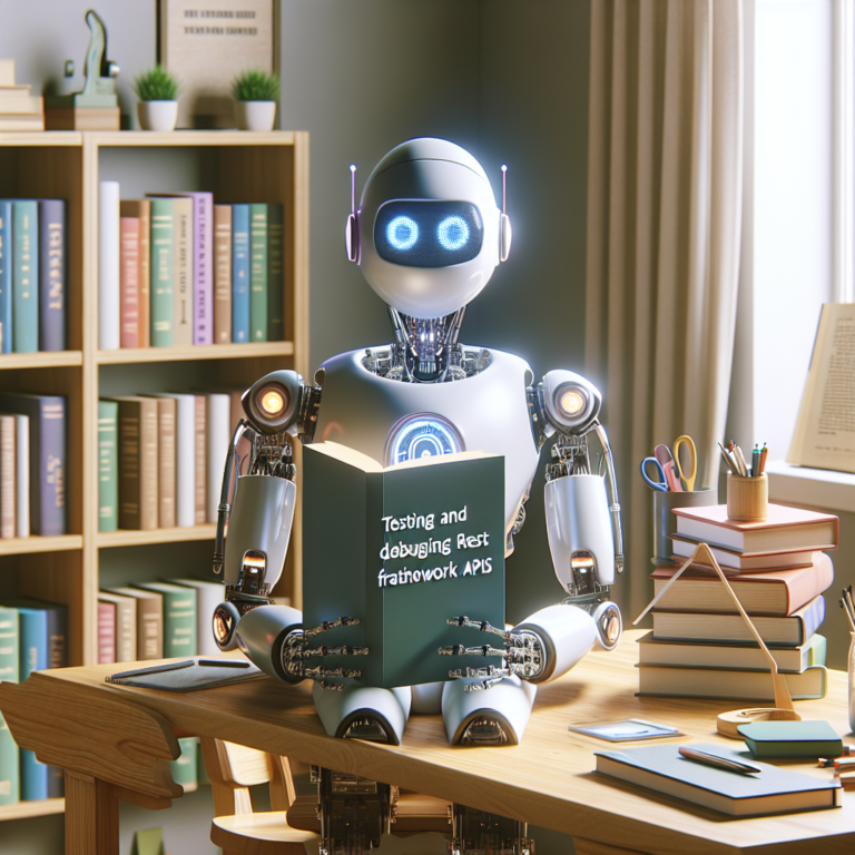 a student robot is developing a tutorial with the title testing and debugging django rest framework apis in a study room