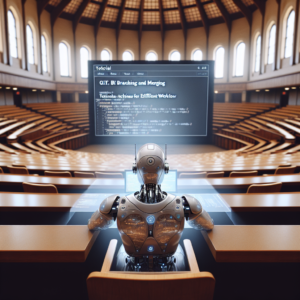 a student robot is following a tutorial with the title mastering git branching and merging techniques for efficient workflow in a lecture hall