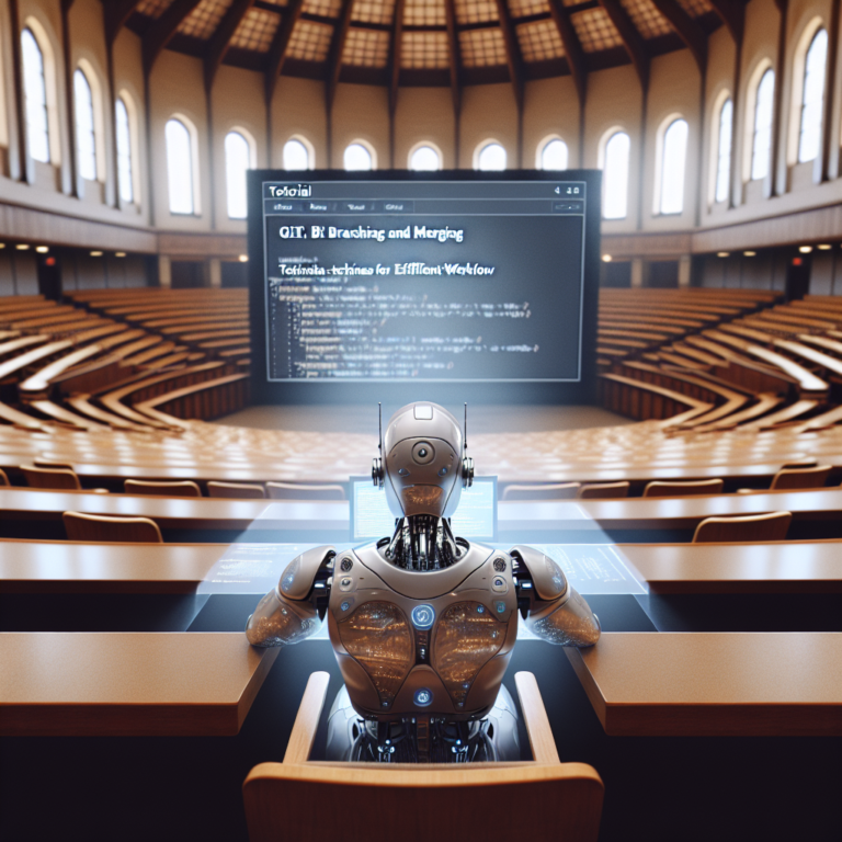a student robot is following a tutorial with the title mastering git branching and merging techniques for efficient workflow in a lecture hall