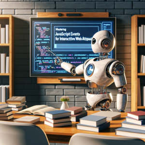 a student robot is presenting a tutorial with the title mastering javascript events for interactive web applications in a study room