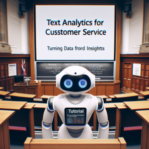 a student robot is publishing a tutorial with the title text analytics for customer service turning data into insights in a lecture hall