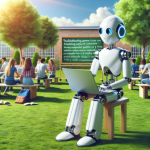 a student robot is publishing a tutorial with the title troubleshooting common issues in finetuning large language models in a schoolyard