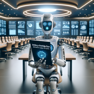 a student robot is reading a tutorial with the title building a knowledge base with nlp to enhance customer self service in a conference room