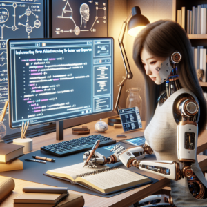 a student robot is writing a tutorial with the title implementing form validations using javascript for better user experience in a study room