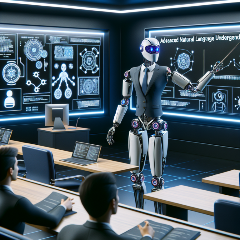 a businessman robot is implementing a tutorial with the title: advanced natural language understanding for python chatbots in a class