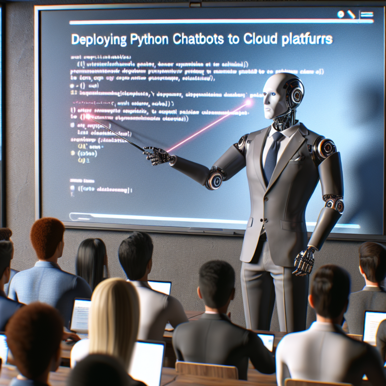 a businessman robot is implementing a tutorial with the title: deploying python chatbots to cloud platforms: a step by step guide in a class