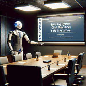 a businessman robot is publishing a tutorial with the title: securing python chatbots: best practices for safe interactions in a conference room