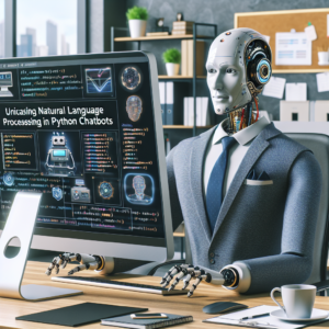 a businessman robot is publishing a tutorial with the title: utilizing natural language processing in python chatbots in a office