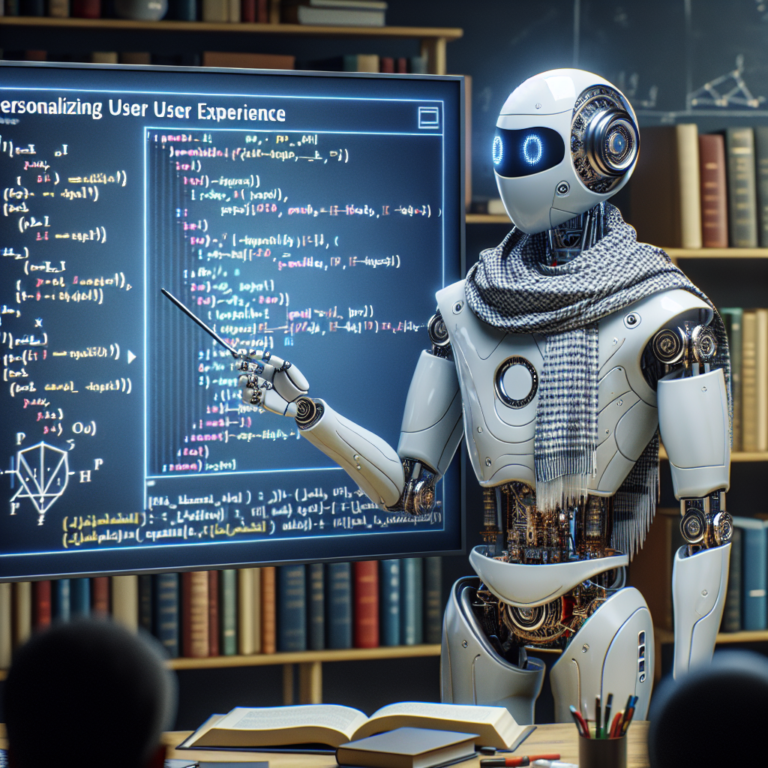 a engineer robot is teaching a tutorial with the title: personalizing user experience in python chatbots in a study room