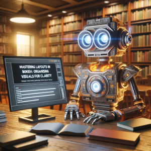 a engineer robot is watching a tutorial with the title: mastering layouts in bokeh: organizing visuals for clarity in a library