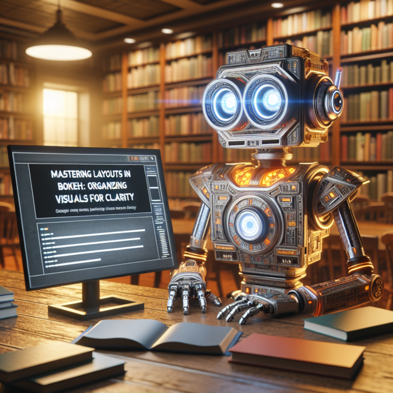 a engineer robot is watching a tutorial with the title: mastering layouts in bokeh: organizing visuals for clarity in a library