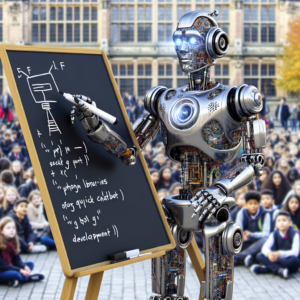 a entrepreneur robot is presenting a tutorial with the title: using python libraries for quick chatbot development in a schoolyard