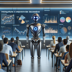 a entrepreneur robot is presenting a tutorial with the title: utilizing grid plots in bokeh for comparative data analysis in a conference room