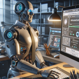 a entrepreneur robot is watching a tutorial with the title: advanced bokeh: custom extensions and adding interactivity in a office