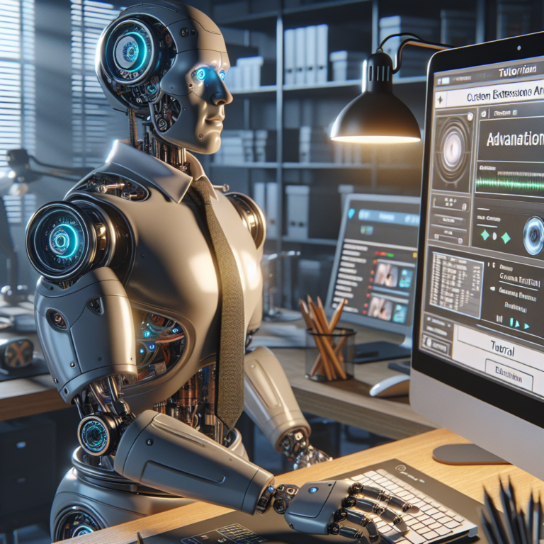 a entrepreneur robot is watching a tutorial with the title: advanced bokeh: custom extensions and adding interactivity in a office