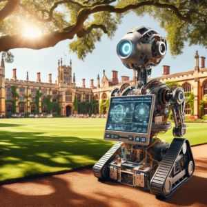 a explorer robot is writing a tutorial with the title: enhancing visuals with styling and theming in bokeh in a campus